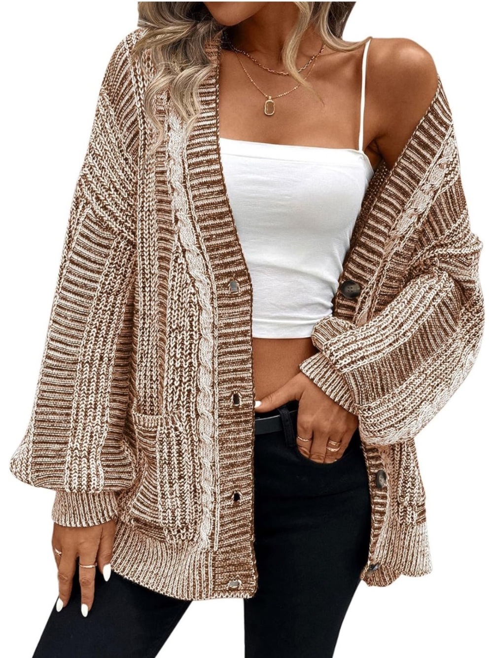 Marled Open-Front Cable Knit Cardigan Sweater